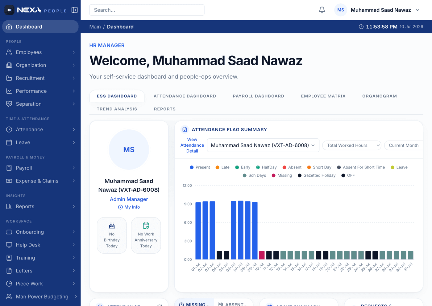 Nexa People dashboard showing headcount, attendance and payroll at a glance